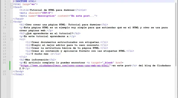 Código HTML que explica qué es HTML y para qué sirve, detallando cómo crear páginas web y estructurar contenido.