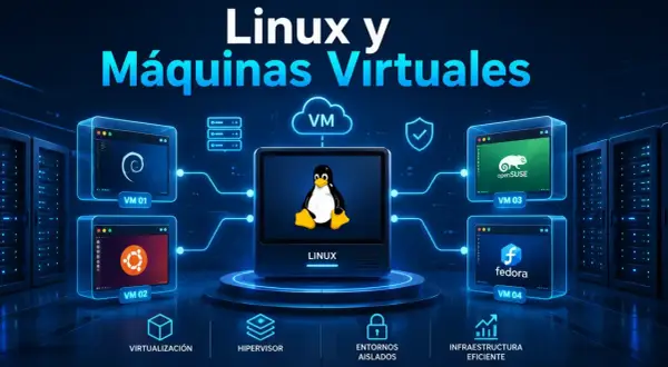Ilustración de Linux y máquinas virtuales, mostrando distribuciones como Debian, Ubuntu, openSUSE y Fedora.