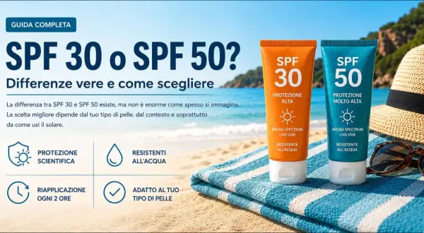 Due tubetti di crema solare viso SPF 30 e SPF 50 sulla spiaggia, con cappello e occhiali da sole. Protezione quotidiana per la tua pelle.