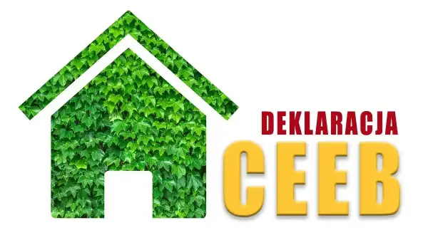 Zielony dom z liści symbolizuje ekologiczne rozwiązania, jak pompa ciepła. Obok napis "Deklaracja CEEB".