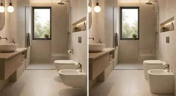 Bagno moderno con sanitari sospesi: pro e contro. Vaso e bidet sospesi, lavabo su mobile, doccia walk-in.