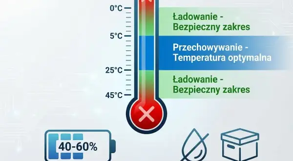 Termometr pokazuje optymalną temperaturę do przechowywania baterii, która wynosi 5-25°C. Poziom naładowania baterii to 40-60%.