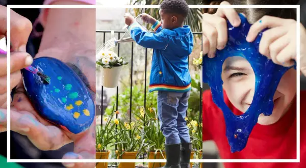 Barn målar stenar, vattnar blommor och leker med slime. Roliga aktiviteter i skogen med barn som inspirerar till lek och kreativitet.