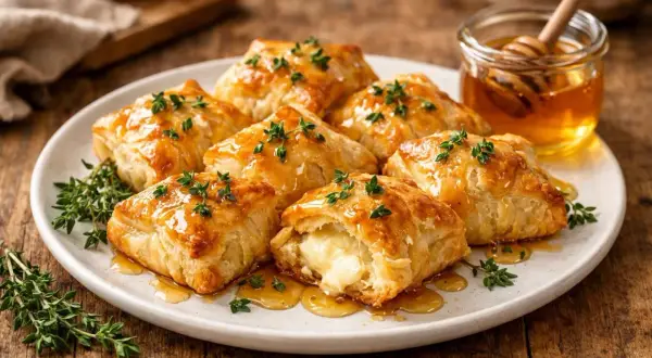 Délicieux feuilleté chèvre, dorés et garnis de thym frais, nappés de miel ambré. Un délice croustillant et fondant.