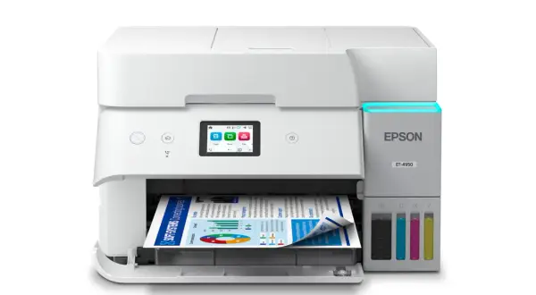 Biała drukarka Epson ET-4950 z kolorowym ekranem i wydrukowanym dokumentem.
