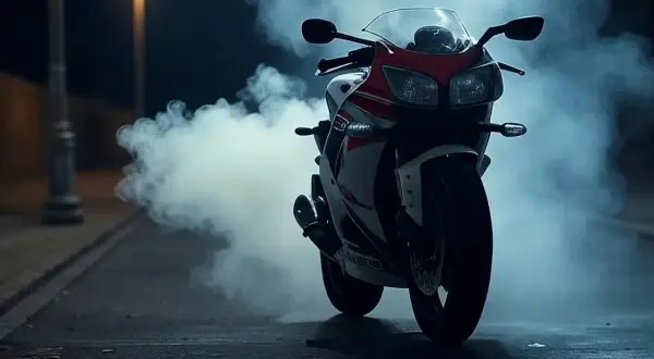 Mi moto echa humo blanco y huele a quemado. La luz de la calle ilumina la escena mientras el humo envuelve la motocicleta deportiva.