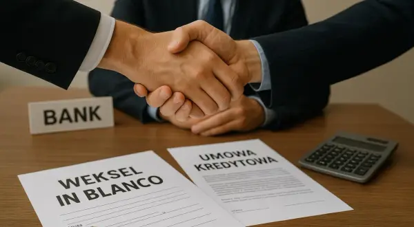 Uścisk dłoni po podpisaniu umowy kredytowej i weksla in blanco.