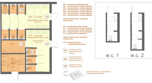 Rzut architektoniczny toalet z podziałem na damskie i męskie, z zaznaczonymi wymiarami kabin toaletowych i pomieszczeń.