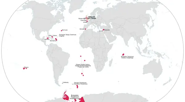 Mapa świata ukazująca wielka brytania położenie i jej terytoria zamorskie, od Karaibów po Antarktydę.