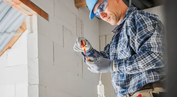 Elektryk w kasku i okularach montuje punkt elektryczny. Zastanawiasz się, ile za punkt elektryczny z kuciem?