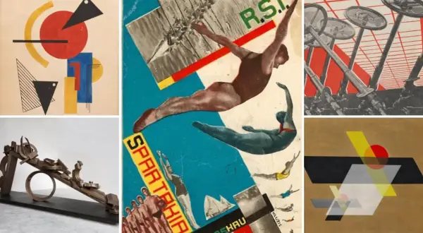A collage of constructivism art, featuring abstract shapes, divers in mid-air, and industrial elements.