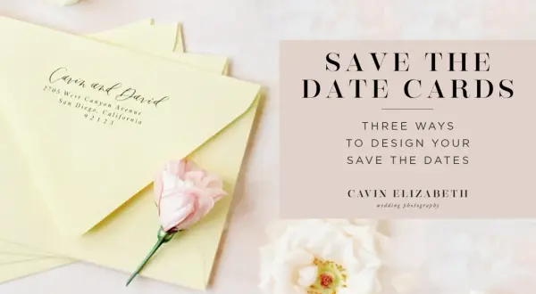 Delikatne żółte koperty z napisem "Cavin and David" i kwiaty. Tekst "SAVE THE DATE CARDS" zapowiada inspiracje.