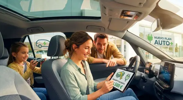 Familia planea sus próximos movimientos 4, revisando un descuento de 5.500€ en una tablet dentro de un coche eléctrico.
