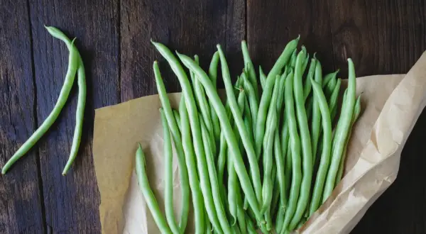 Fagiolini freschi pronti per essere bolliti in acqua fredda o calda, disposti su carta da forno su un tavolo di legno scuro.