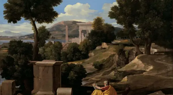 A lone figure in a yellow robe reads amidst ancient ruins, a scene evoking the contemplative spirit of baroque artists.