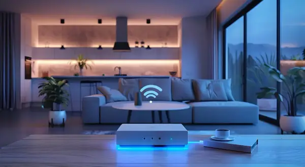 Nowoczesny router z niebieskim podświetleniem, symbolizujący jak wzmocnić sygnał wifi w eleganckim salonie z kuchnią.