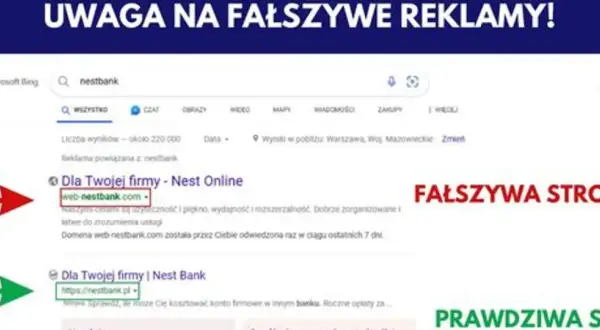 Oszukani przez Nest Bank? Uważaj na fałszywe reklamy! Czerwona strzałka wskazuje fałszywą stronę web-nestbank.com, zielona prawdziwą nestbank.pl.