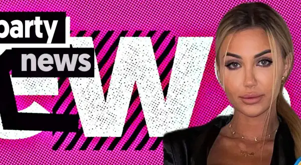 Angela z Love Island na tle różowego wzoru i napisu "party news".