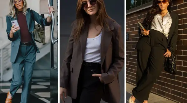 Trzy kobiety w eleganckich, ale **casual** stylizacjach z marynarkami. Jedna wychodzi z budynku, druga stoi na ulicy, trzecia opiera się o ceglaną ścianę.