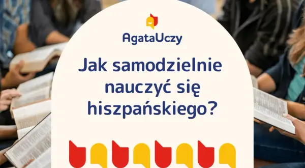 Grupa osób uczy się, jak samodzielnie nauczyć się hiszpańskiego. Kolorowe dymki symbolizują naukę języka.