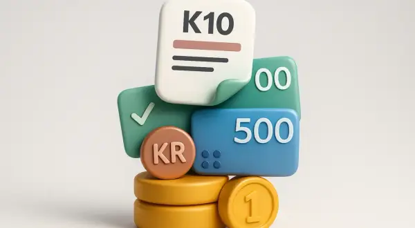 En stapel med K10-dokument, mynt och siffror som representerar en skatt på aktieutdelning.