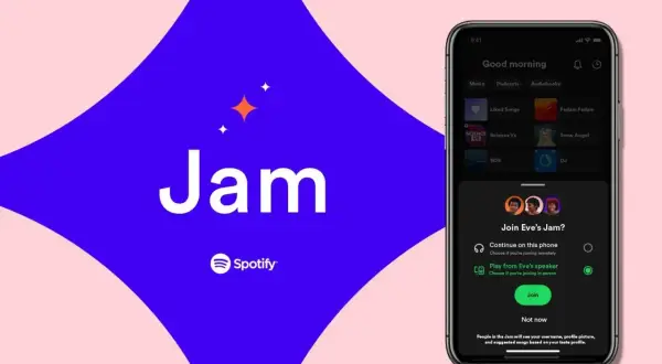 Telefon z aplikacją Spotify, na którym widać opcję dołączenia do "Jam" znajomego.