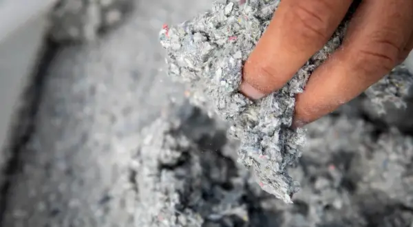 Dłoń trzyma kłębek szarej, włóknistej masy. To celuloza, materiał izolacyjny z recyklingu.