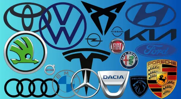 Kolekcja logotypów najlepszych marek samochodów: Toyota, VW, Cupra, Hyundai, Kia, Skoda, Opel, Fiat, Ford, Alfa Romeo, Tesla, Volvo, Audi, BMW, Mercedes, Dacia, Peugeot, Porsche.