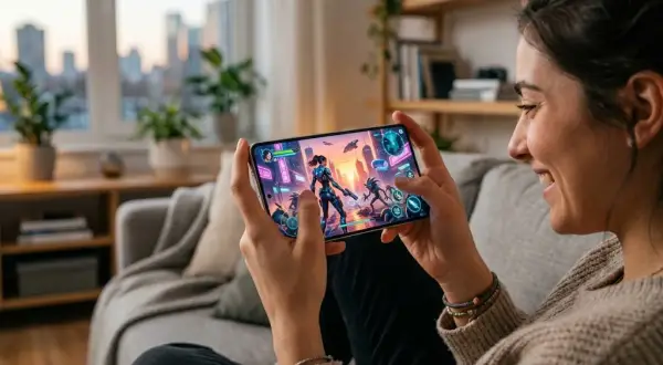 Une femme rit en jouant sur son téléphone, découvrant peut-être les meilleurs jeux Android avec des graphismes futuristes.