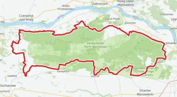 Mapa przedstawia przebieg kampinoskiego szlaku rowerowego, otaczającego zielony obszar Kampinoskiego Parku Narodowego, w pobliżu Wisły i miejscowości takich jak Zakroczym czy Nowy Dwór Mazowiecki.