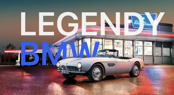 Klasyczny kabriolet BMW przed retro dinerem. Napis "LEGENDY BMW" podkreśla moc i styl marki, która od lat tworzy ikony motoryzacji.