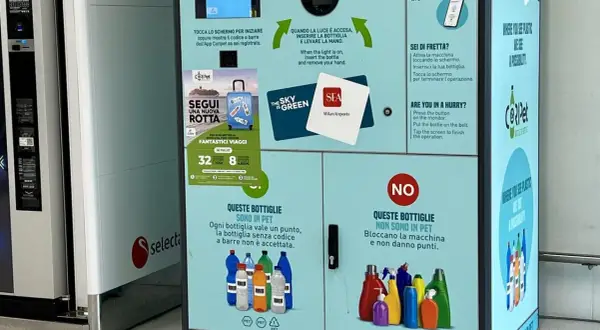 Macchina per la raccolta bottiglie plastica PET. Istruzioni per il riciclo e premi in palio.