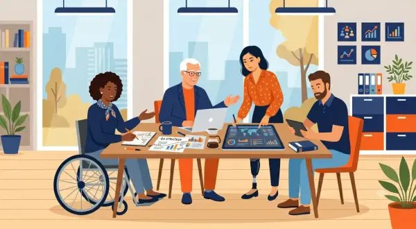 Team diversificato discute strategie aziendali. Un uomo in sedia a rotelle, una donna con protesi alla gamba, un anziano e una giovane donna collaborano. Il collocamento mirato cos'è? È inclusione e valorizzazione di ogni talento.