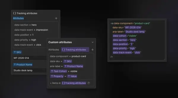 Exemple de code HTML avec des attributs `data-` pour le suivi, comme `data-sku` et `data-track-event`, pour un produit.
