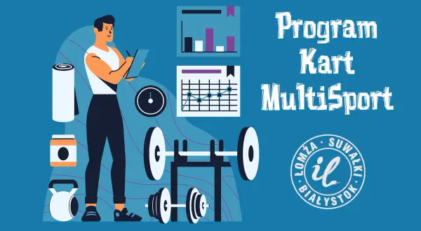 Ilustracja pokazuje, jak założyć kartę Multisport. Mężczyzna z notatnikiem, sprzęt do ćwiczeń i wykresy.
