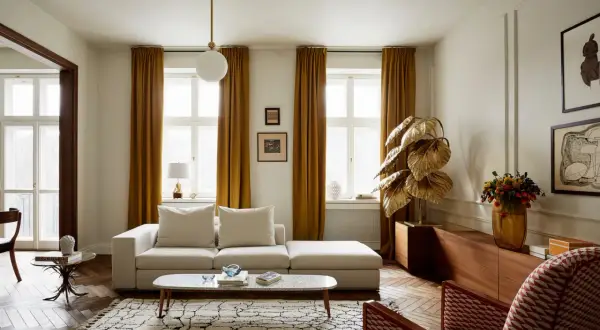 Przytulny salon w kamienicy z beżową kanapą, złotymi zasłonami i ozdobną rośliną.