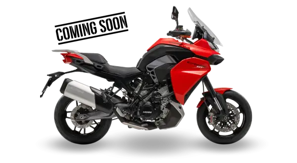 La nueva moto Morini Corsaro Sport, en rojo vibrante, lista para la aventura.