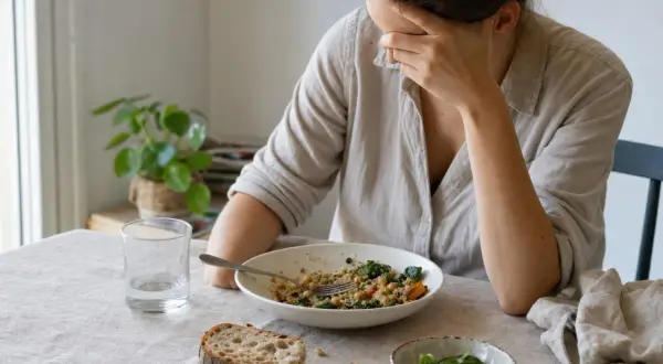 Donna con la mano sulla fronte, sopra un piatto di cibo, soffre di sonnolenza dopo pranzo.