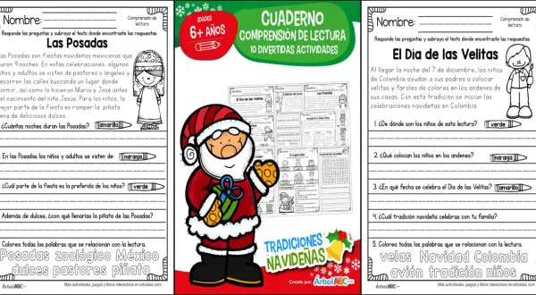 Cuaderno de comprensión lectora navideña con actividades sobre "Las Posadas" y "El Día de las Velitas".