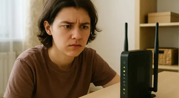 Zmarszczone brwi młodego człowieka patrzącego na świecące diody modemu. Czy to jest modem, który sprawia problemy?
