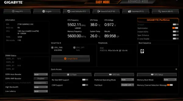 Ekran **Gigabyte BIOS** w trybie Easy Mode, pokazuje informacje o CPU, RAM, temperaturach i ustawieniach wentylatorów.