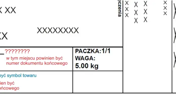 Fragment etykiety DPD z danymi nadawcy i odbiorcy, informacją o wadze paczki 5.00 kg oraz miejscem na symbol towaru.