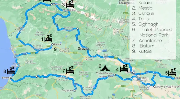 Trasa podróży po Gruzji samochodem: od Kutaisi przez Mestie, Ushguli, Tbilisi, Batumi i z powrotem do Kutaisi.