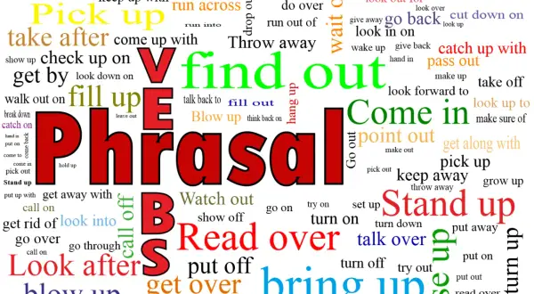 Nube de palabras con verbos frasales en inglés, destacando "Phrasal Verbs".