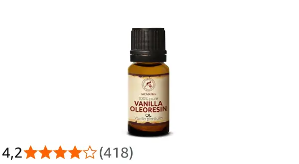 Eine Flasche Vanille Oleoresin Öl. Die Vanille Wirkung auf die Psyche ist beruhigend und stimmungsaufhellend.