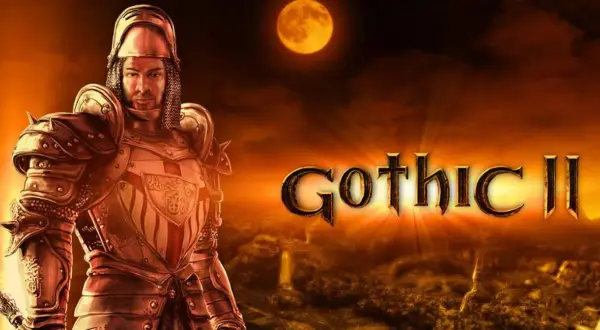 Rycerz w zbroi na tle księżyca i krajobrazu z napisem Gothic II.