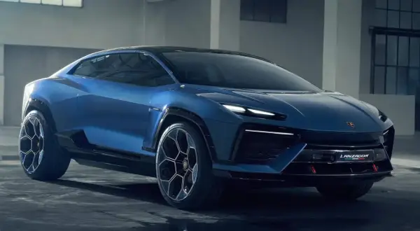 Niebieski Lamborghini Lanzador, futurystyczny SUV z ostrymi liniami i agresywnym designem, gotowy na podbój dróg.