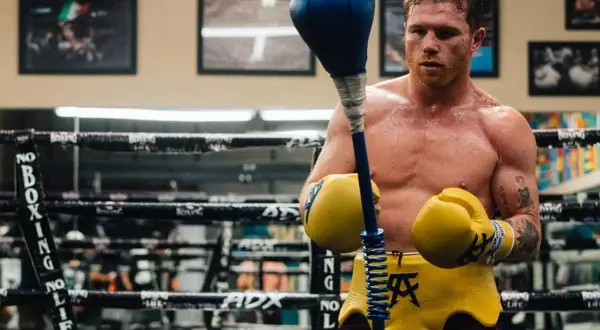 Boxer Canelo Alvarez in yellow shorts and gloves, training with a speed bag. He's known for his dominance across multiple canelo weight class divisions.