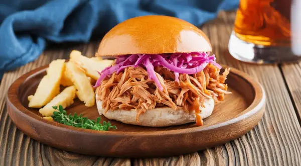 Pulled Pork Burger mit Krautsalat und Pommes. Welche Sauce zu Pulled Pork Burger passt? Hier eine Inspiration!