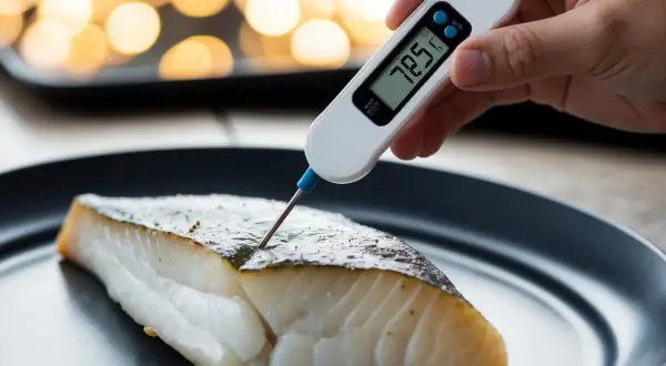 En digital termometer mäter innertemperaturen på en saftig torskfilé.
